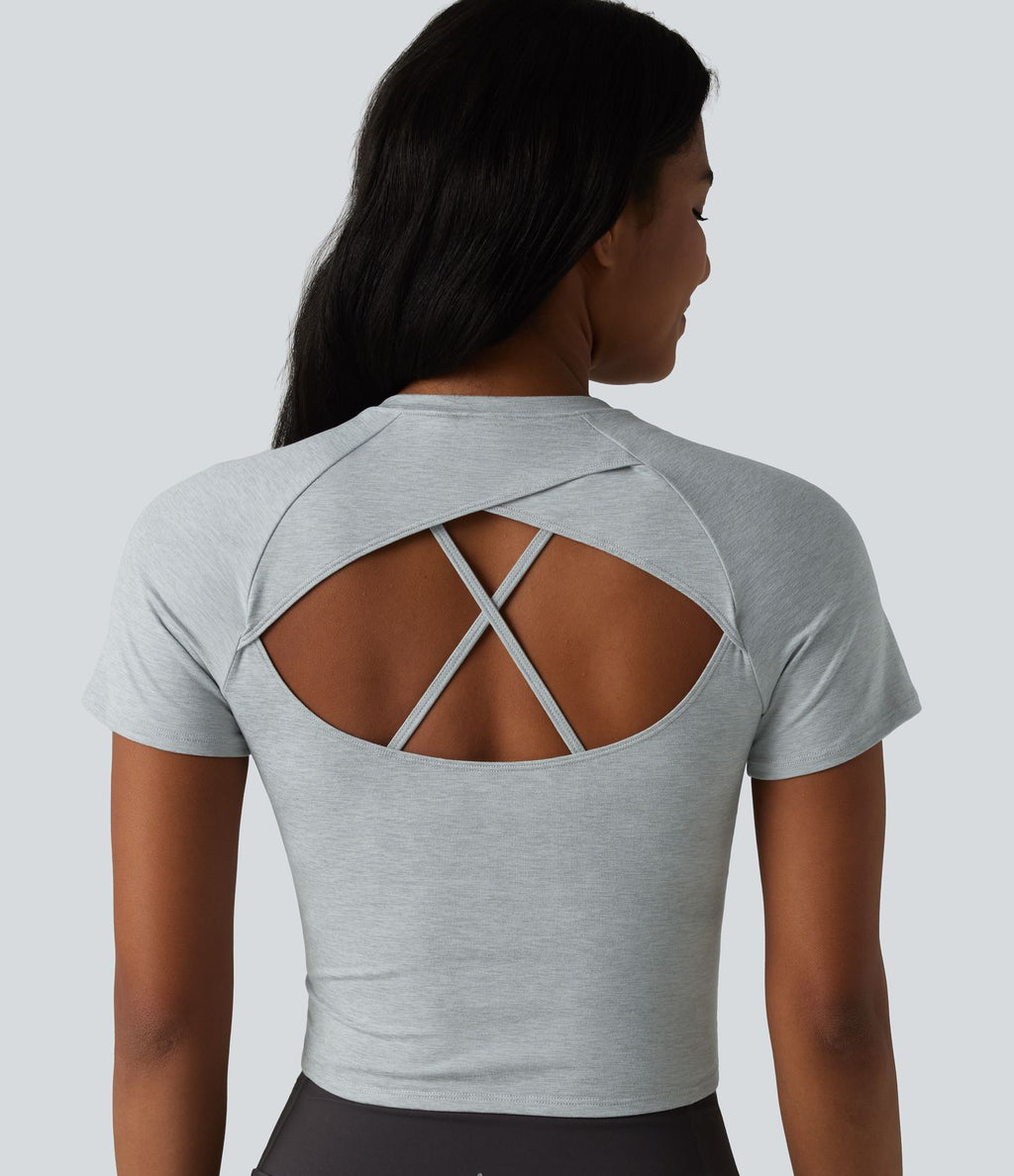 Haut de sport yoga col rond manches courtes avec soutien-gorge intégré