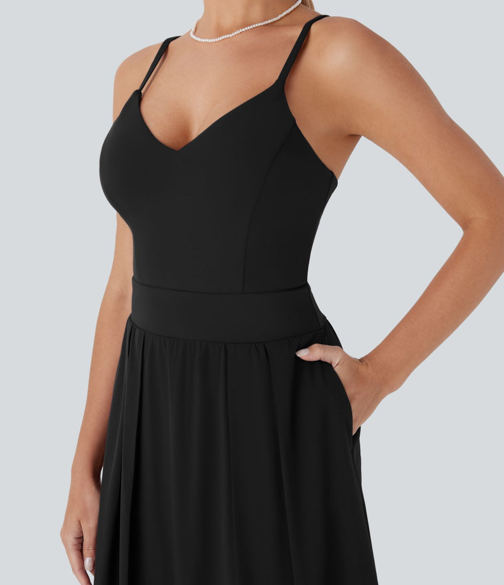 Robe longue fourreau Breezeful™ à dos nu, poches latérales, fluide et séchage rapide pour demoiselle d'honneur et invitée de mariage