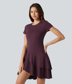 Robe mini décontractée SoftlyZero™ Airy col rond, manches courtes, ourlet à volants étagés, à effet frais InstantCool