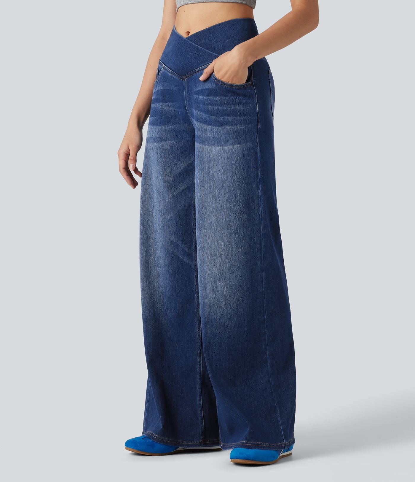 Halara Flex™ Jean large casual taille haute croisée ventre plat, avec poches