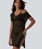 Robe de plage courte ajourée col V manches chauve-souris avec fente