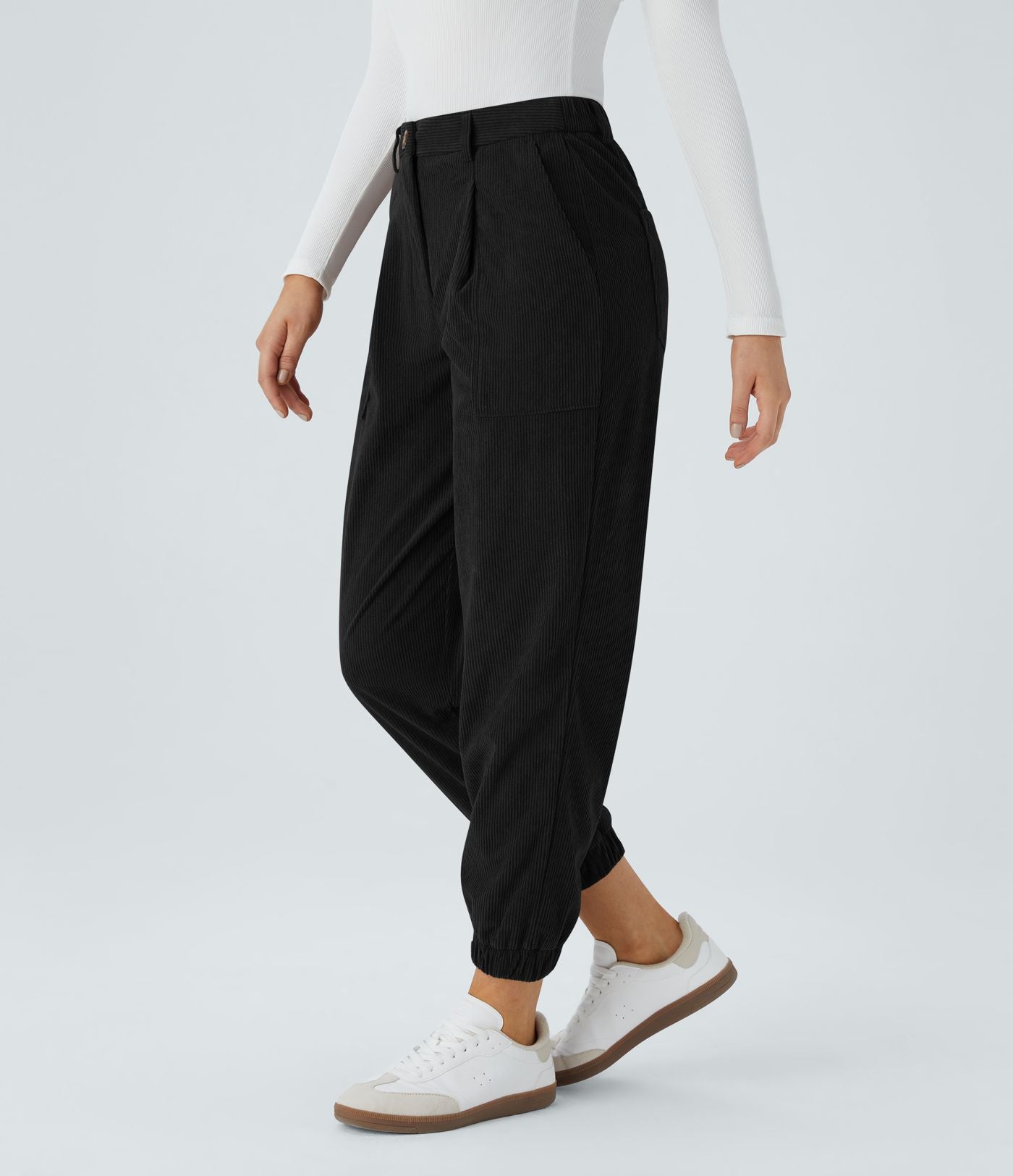 Pantalon décontracté en velours côtelé avec taille mi-haute, boutons et fermeture éclair