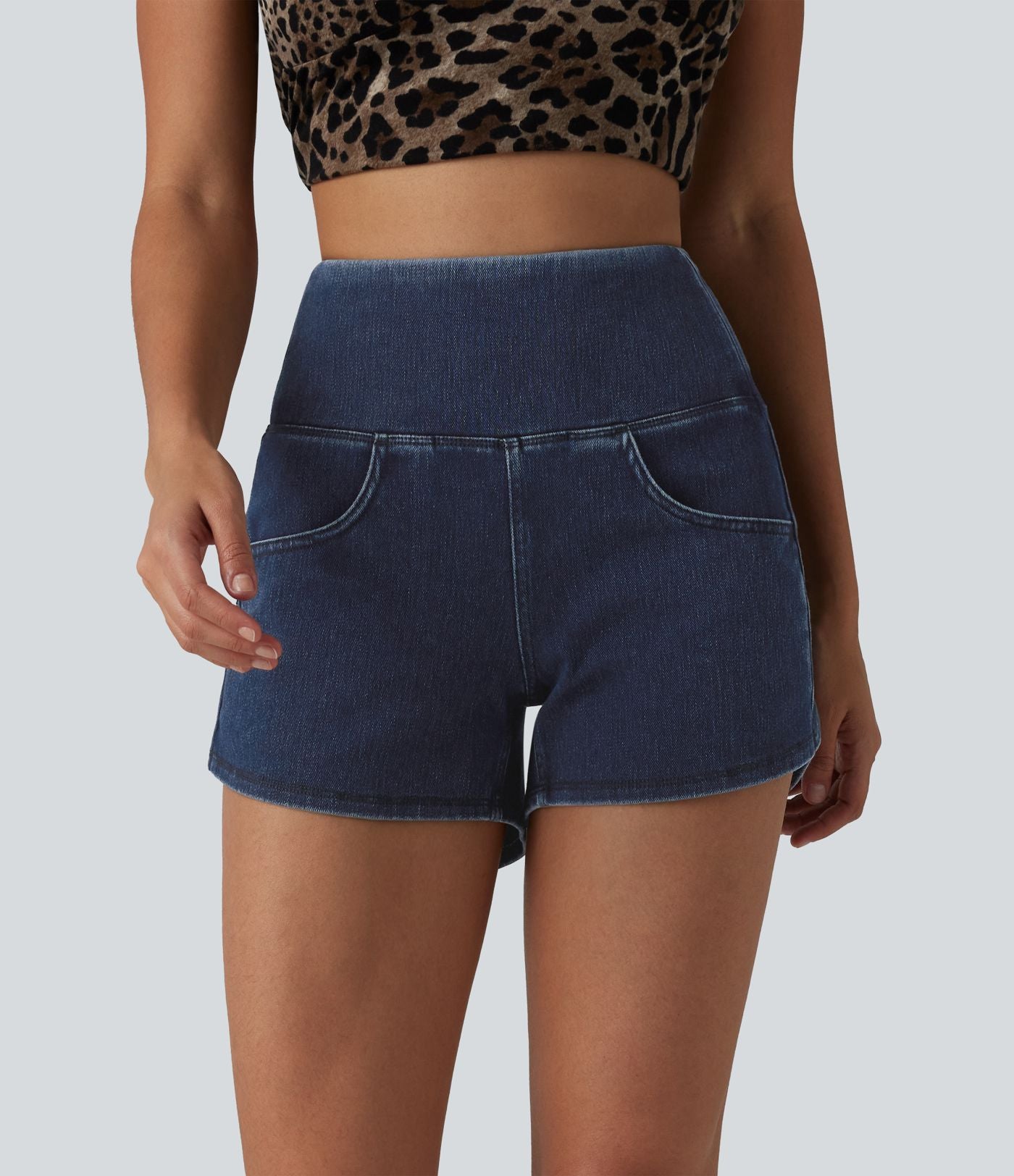 Halara Flex™ Short casual en jean skinny gainant taille haute à ourlet arrondi avec poches