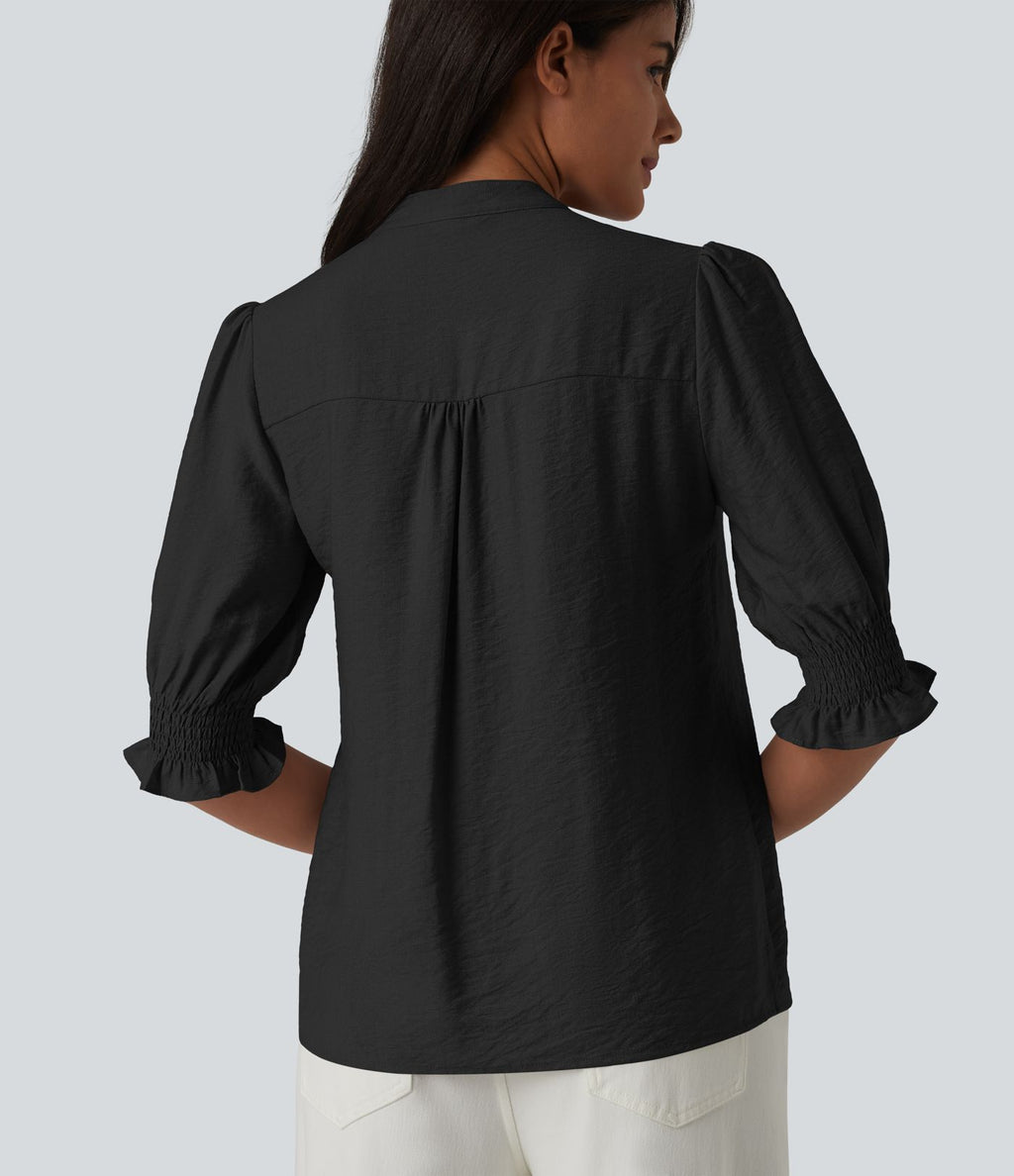 Blouse décontractée à col en V et manches courtes bouffantes