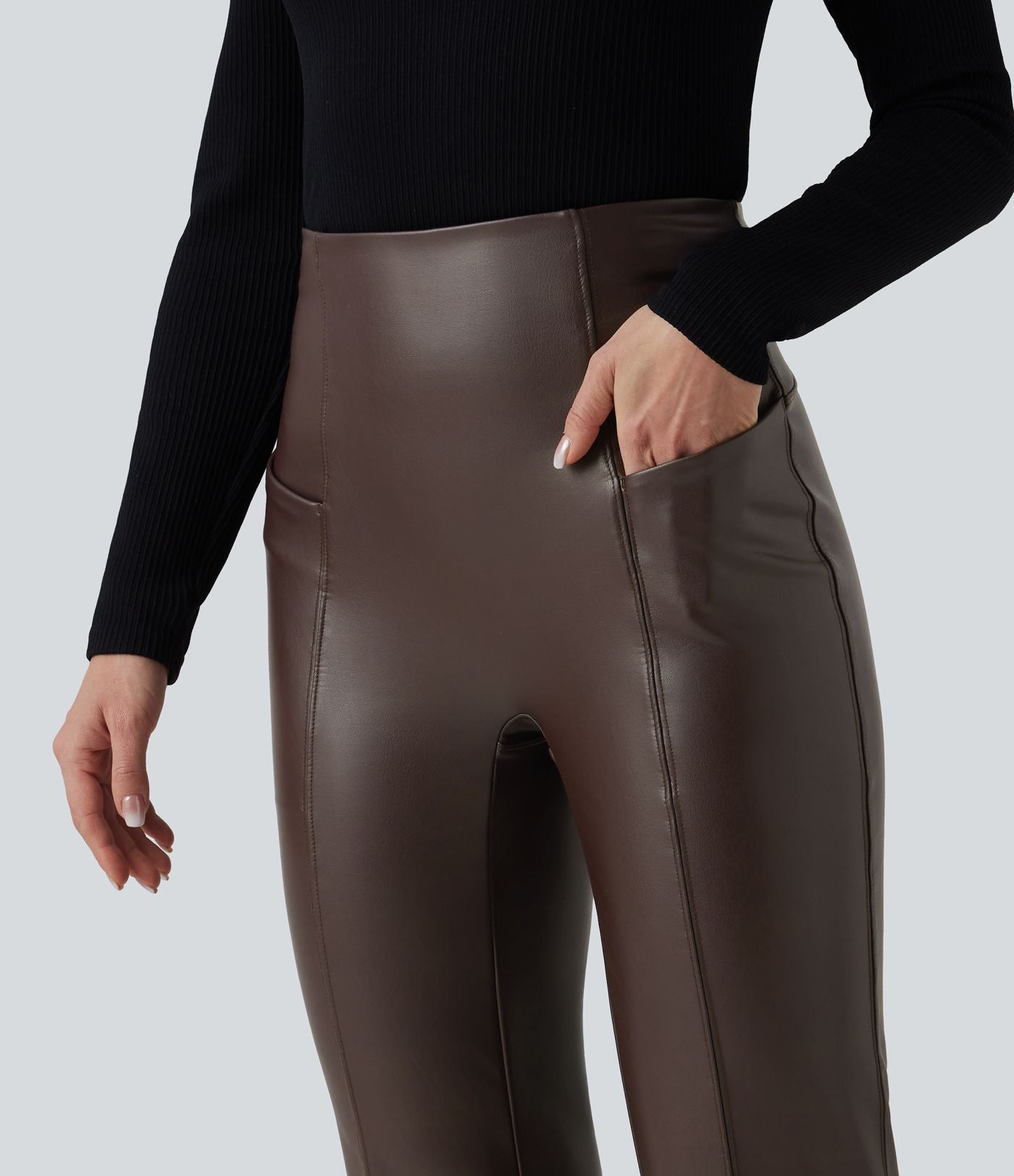 Pantalon évasé décontracté taille haute gainant en molleton PU extensible avec poches