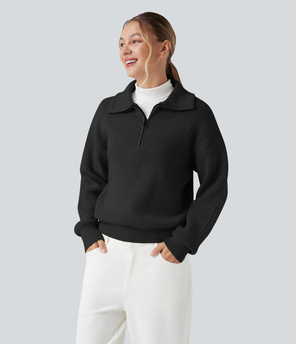 Pull décontracté à col montant et demi-zip à manches longues