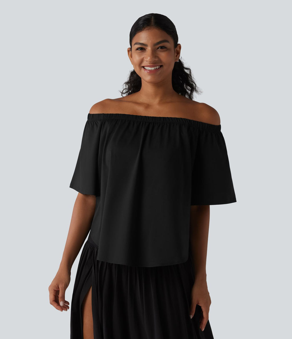 T-shirt épaules dénudées manches courtes avec fente, ourlet arrondi et soutien-gorge intégré coupe décontractée