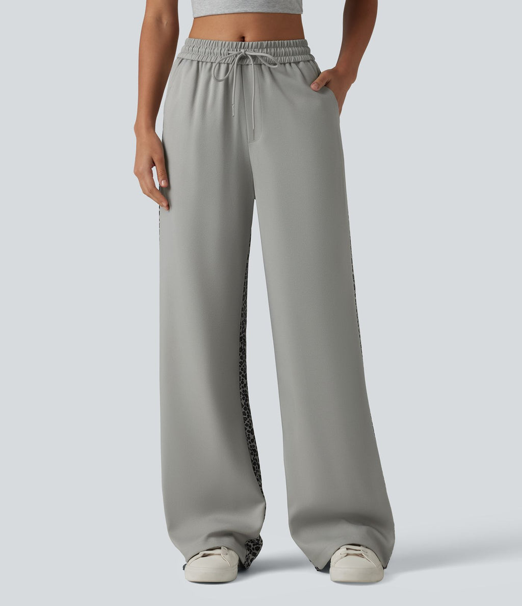Pantalon ample décontracté taille mi-haute avec cordon de serrage color block rayures léopard contrastant avec poches