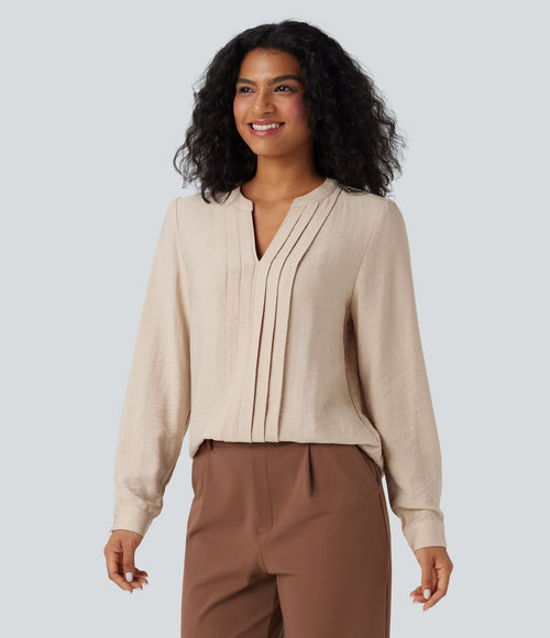 Blouse de travail manches longues col V à plis coupe décontractée
