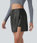 Mini-jupe moulante 2-en-1 SoftlyZero™ taille haute en simili, ourlet, effet sparkle métalisé, extensible avec poches