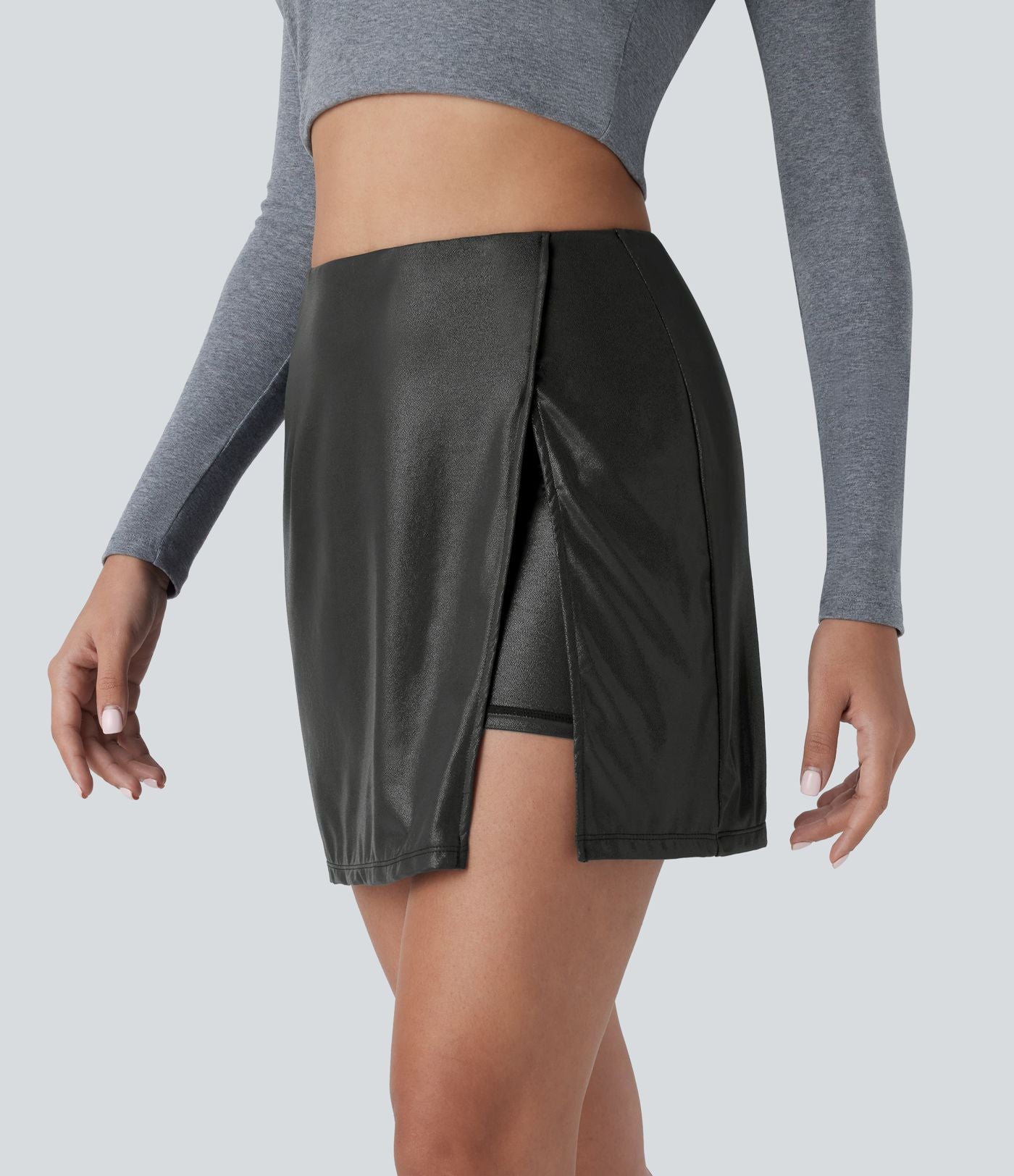 Mini-jupe moulante 2-en-1 SoftlyZero™ taille haute en simili, ourlet, effet sparkle métalisé, extensible avec poches