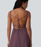 Robe fluide midi de villégiature sans manches, encolure carrée, dos nu croisé, fronces et soutien-gorge intégré