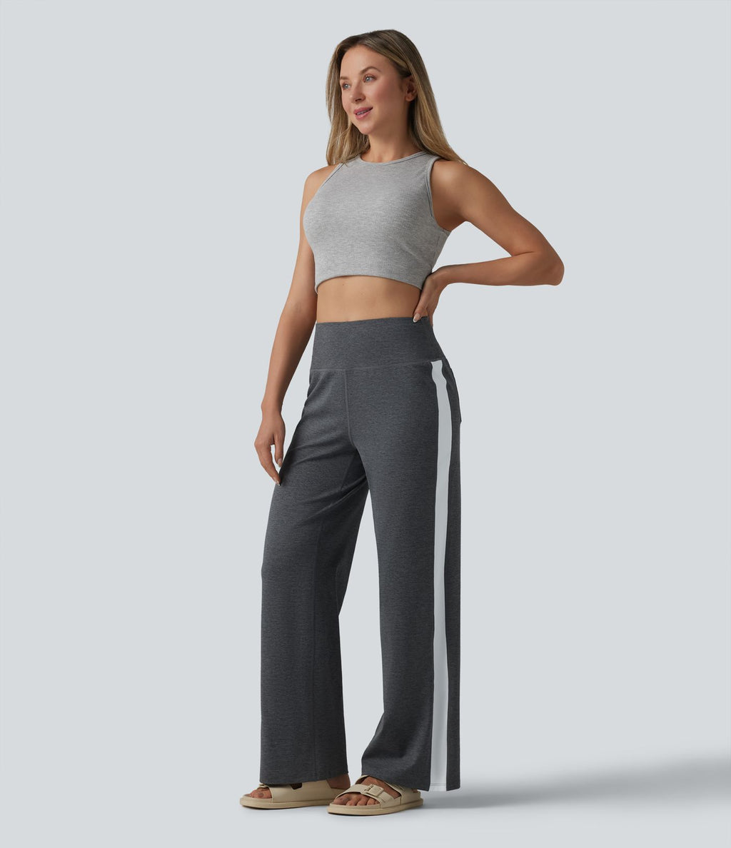 Pantalon droit taille haute à rayures séchage rapide avec poches