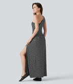 Robe longue décontractée à rayures, asymétrique, sans manches, en maille côtelée, avec poche
