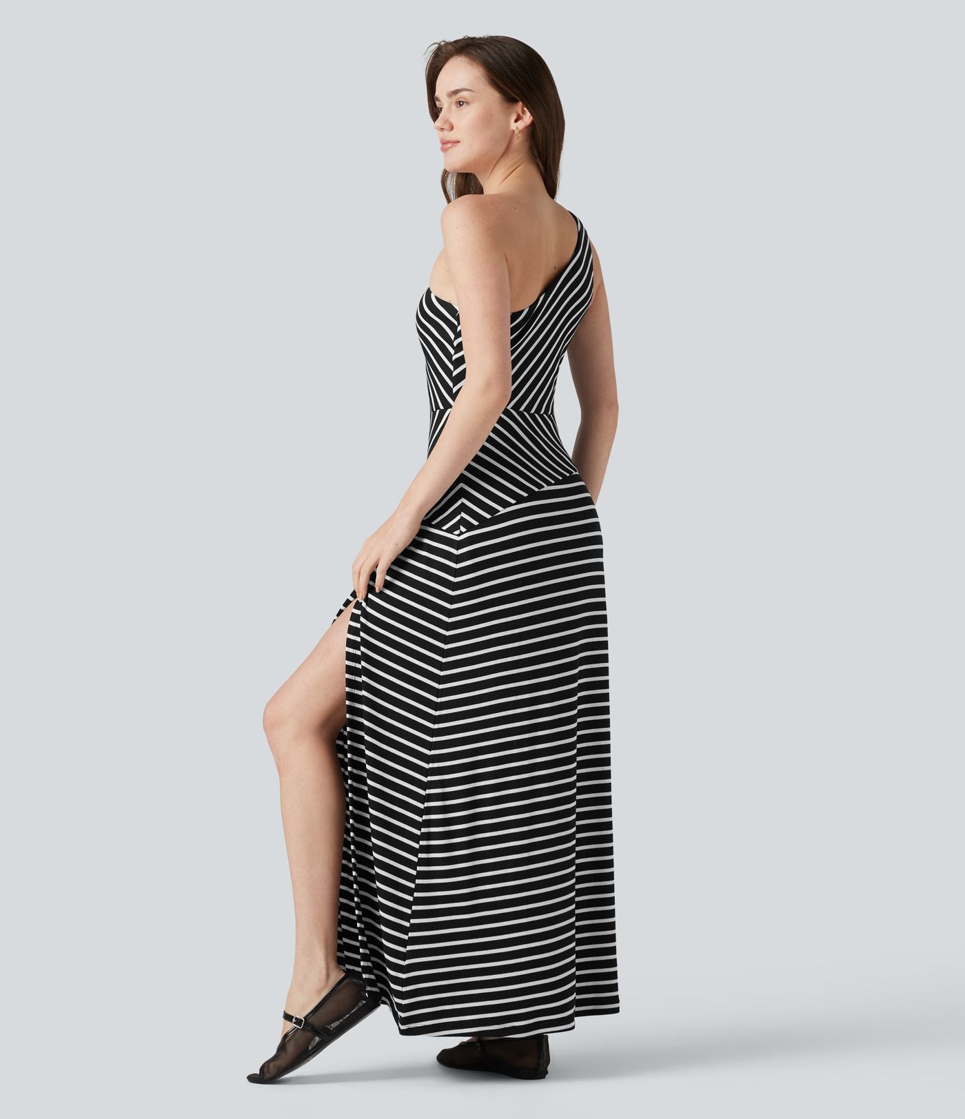 Robe longue décontractée à rayures, asymétrique, sans manches, en maille côtelée, avec poche