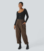 Pantalon décontracté en velours côtelé, taille haute, avec poches