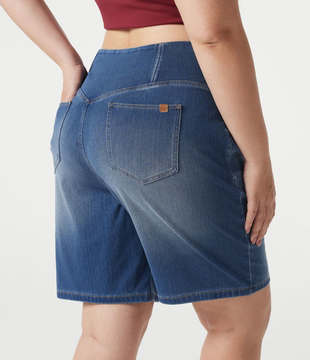 Short baggy grande taille en jean Halara Flex™ Denim taille haute croisée, effet ventre plat, avec poches