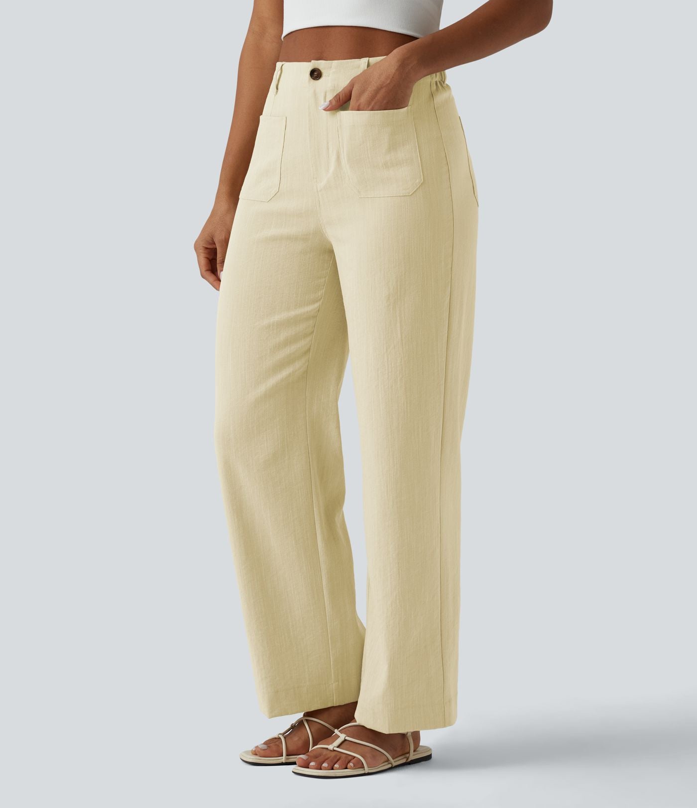 Pantalon taille haute coupe droite effet lin avec poches