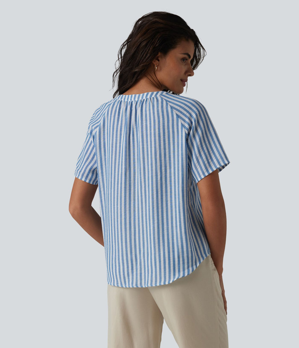 Blouse col V manches courtes à rayures aspect lin