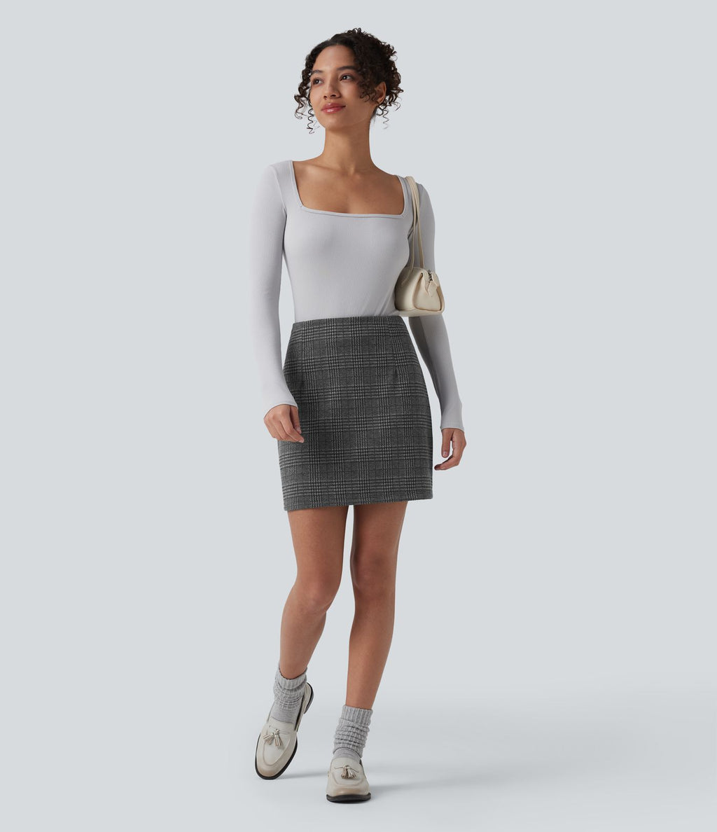 Jupe mini tailleur taille haute 2-en-1 à carreaux pied-de-poule - Longueur rallongée