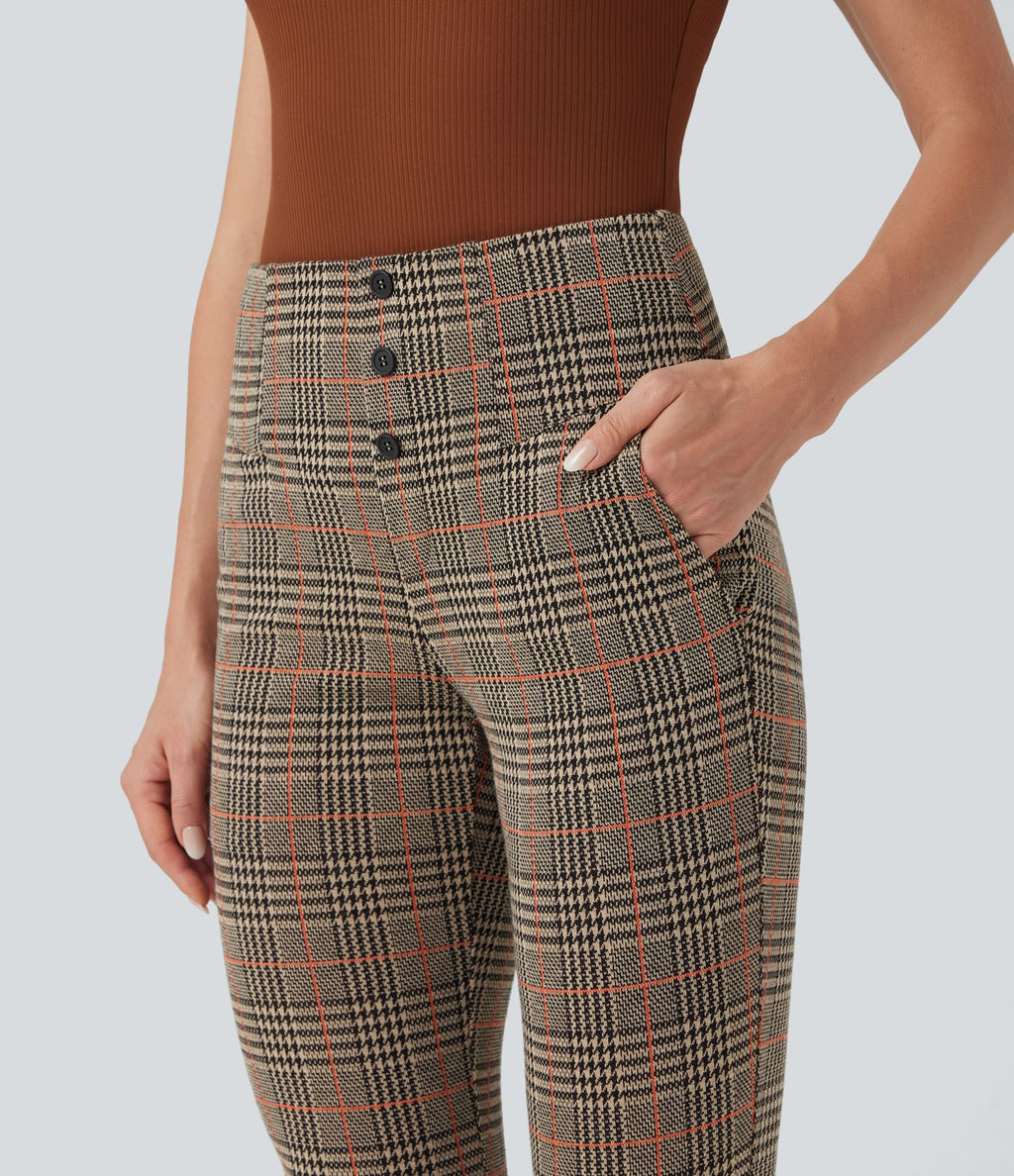 Halara Flex™ Pantalon tailleur Cintrés à Taille Haute avec Boutons Décoratifs Poches Latérales et Imprimé Pied-de-Poule