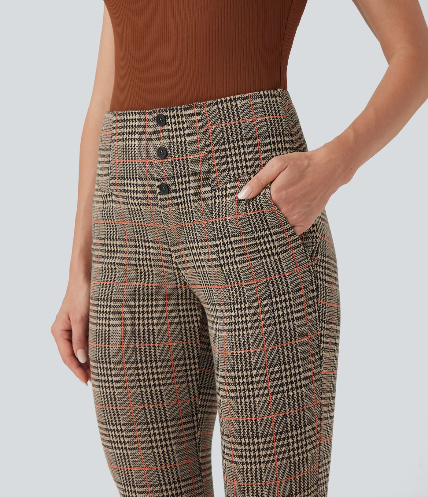 Halara Flex™ Pantalon tailleur Cintrés à Taille Haute avec Boutons Décoratifs Poches Latérales et Imprimé Pied-de-Poule