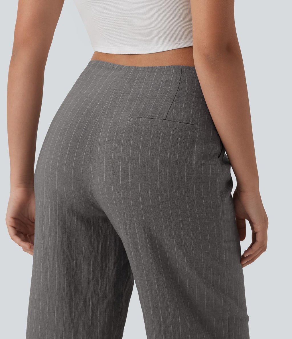 Pantalon large fluide décontracté en lin mélangé à rayures taille mi-haute avec cordon de serrage et poches