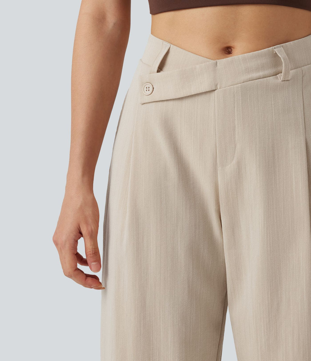 Pantalon tailleur asymétrique effet lin, taille moyenne, coupe ballon, à poches