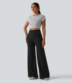 Pantalon large casual en lin stretch taille haute ventre plat avec poches
