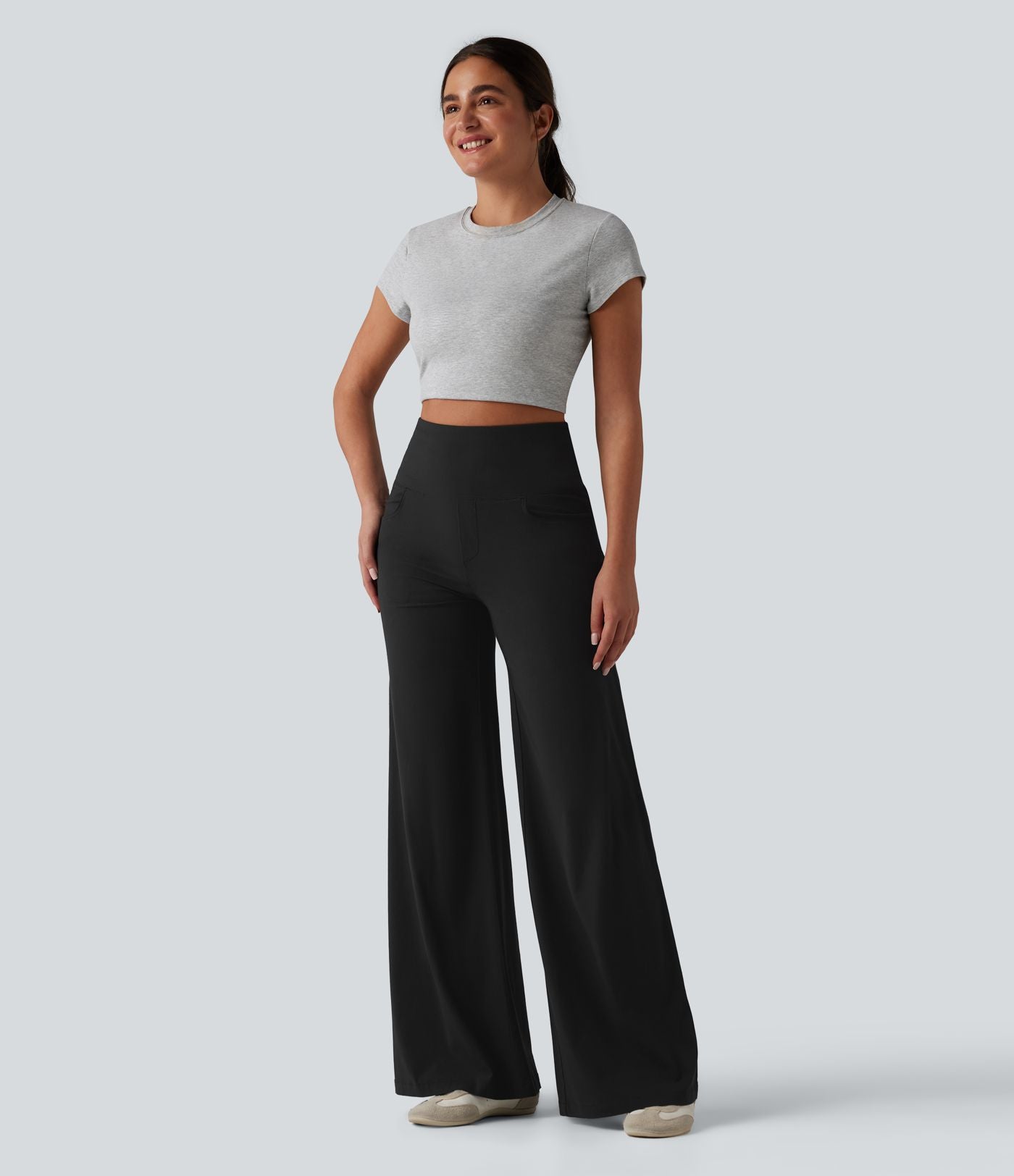Pantalon large casual en lin stretch taille haute ventre plat avec poches