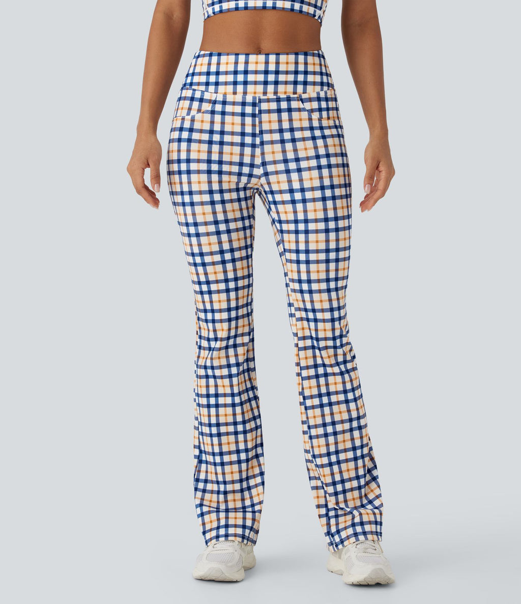 Pantalon décontracté bootcut à carreaux cool touch, taille haute, avec poches