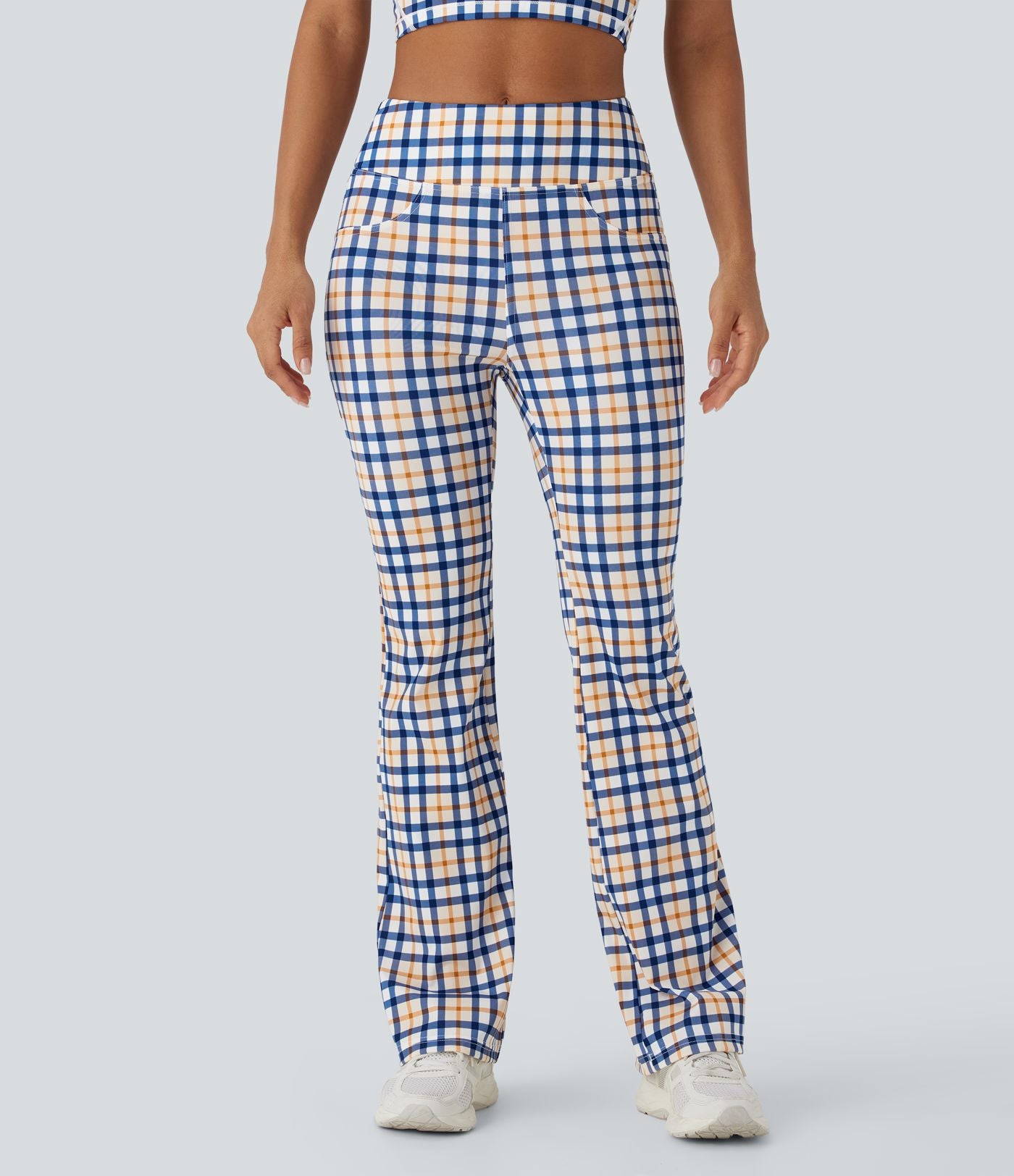 Pantalon décontracté bootcut à carreaux cool touch, taille haute, avec poches