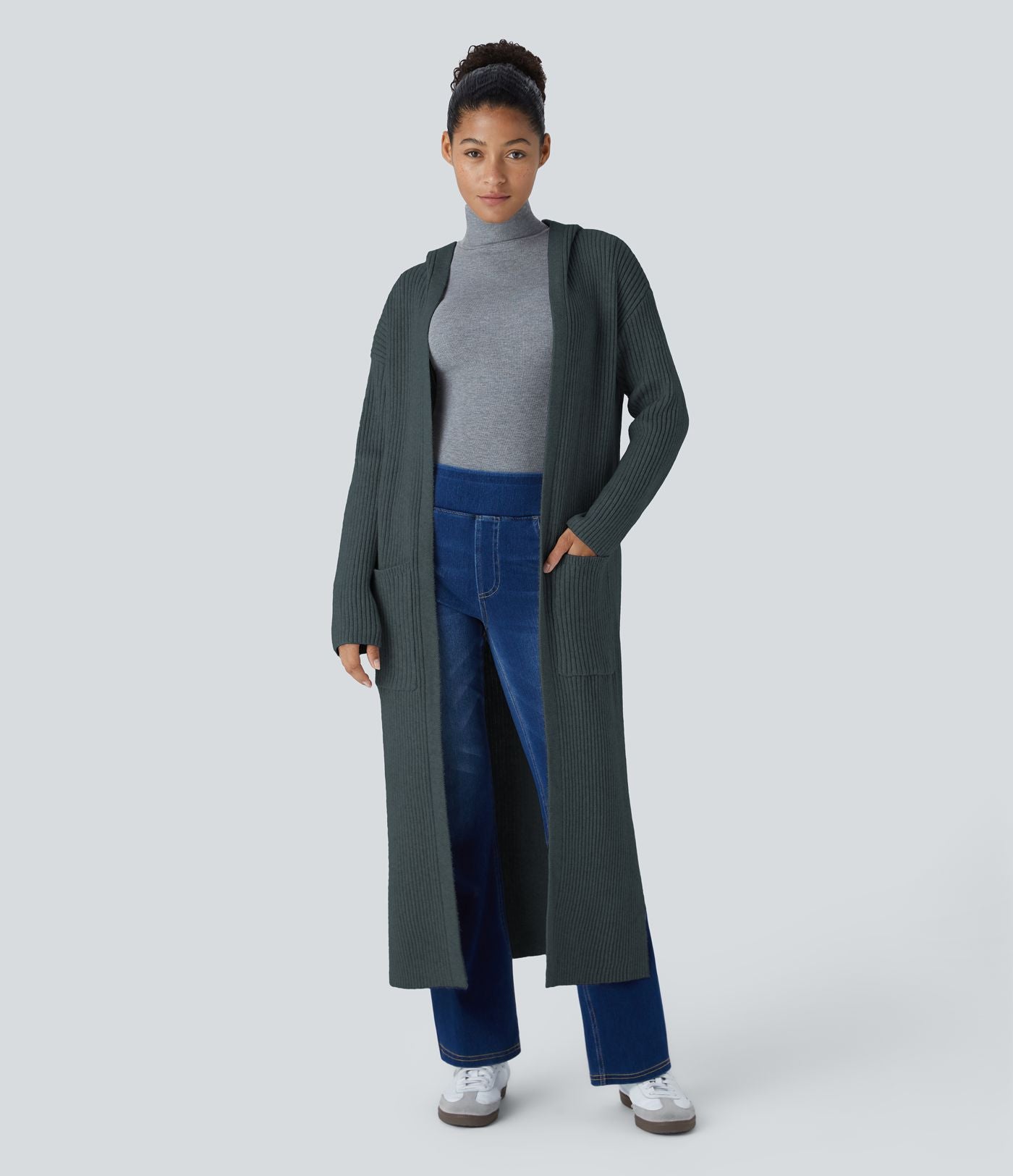 Cardigan long casual à capuche, manches longues et poches