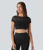 Haut de sport yoga court 2-en-1 dos nu col licou manches courtes mesh contrastant