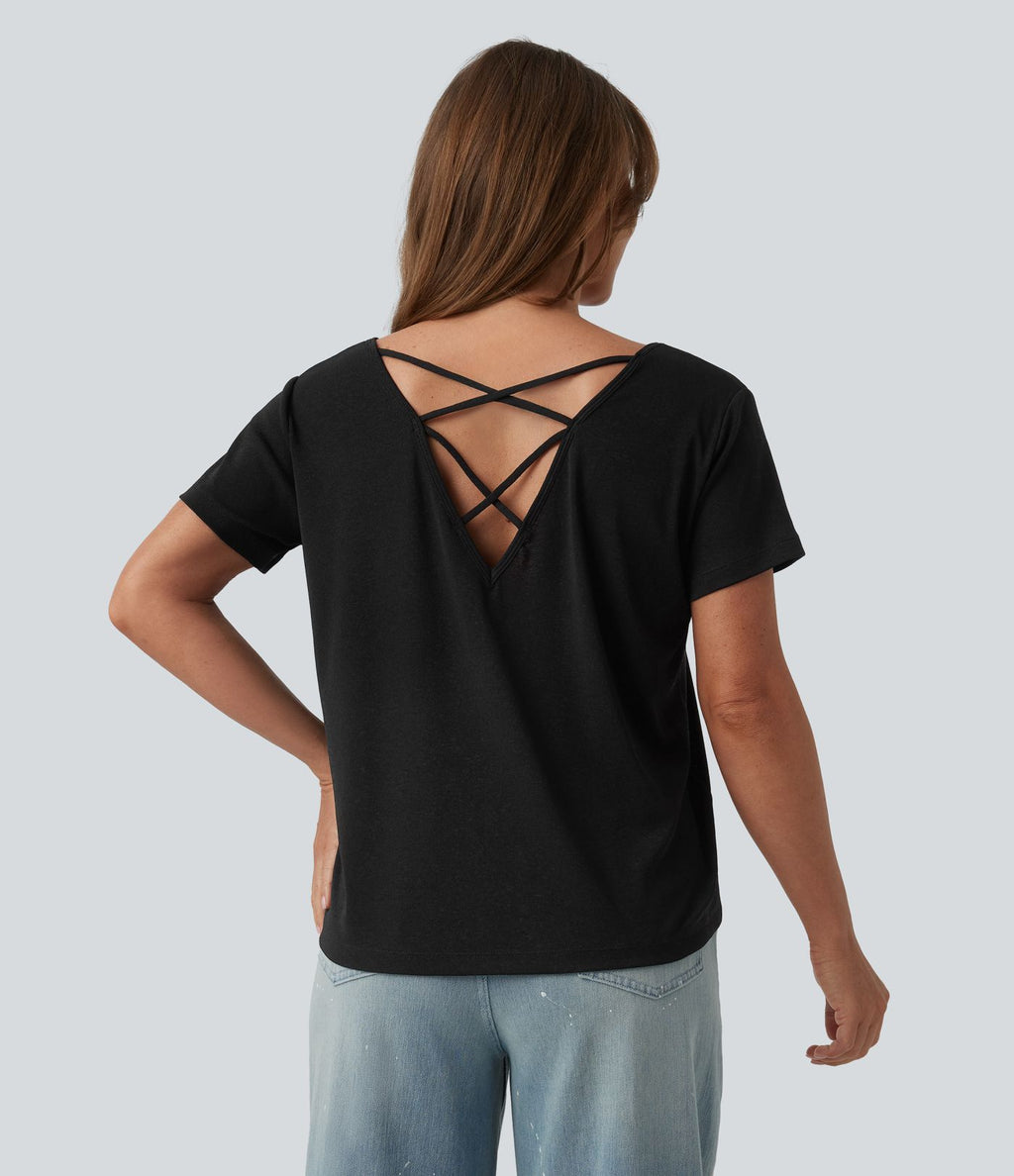 T-shirt casual col V manches chauve-souris dos nu à bretelles croisées