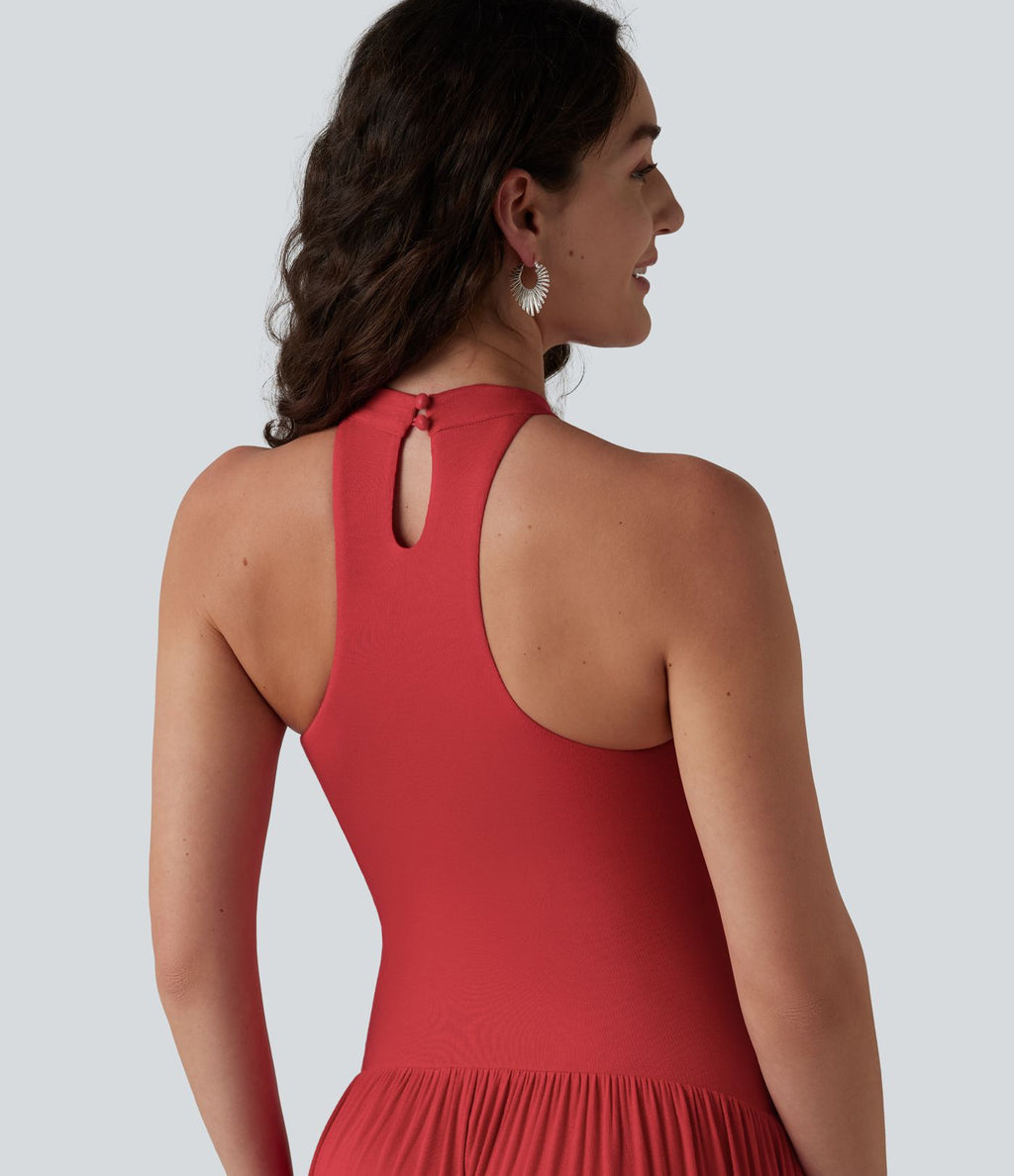 Robe longue côtelée à dos nageur, brassière intégrée et poches