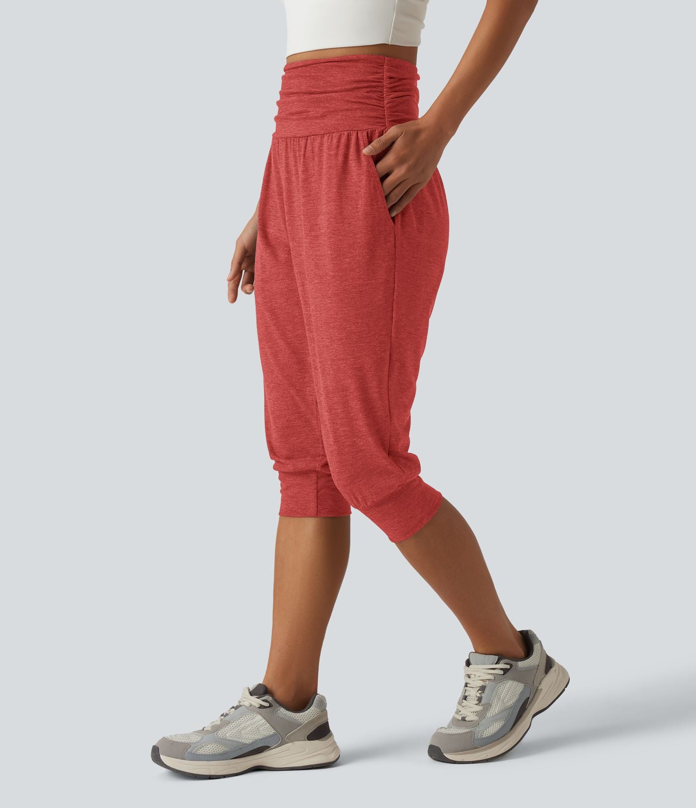 Jogging yoga corsaire chiné taille haute à fronces avec poches