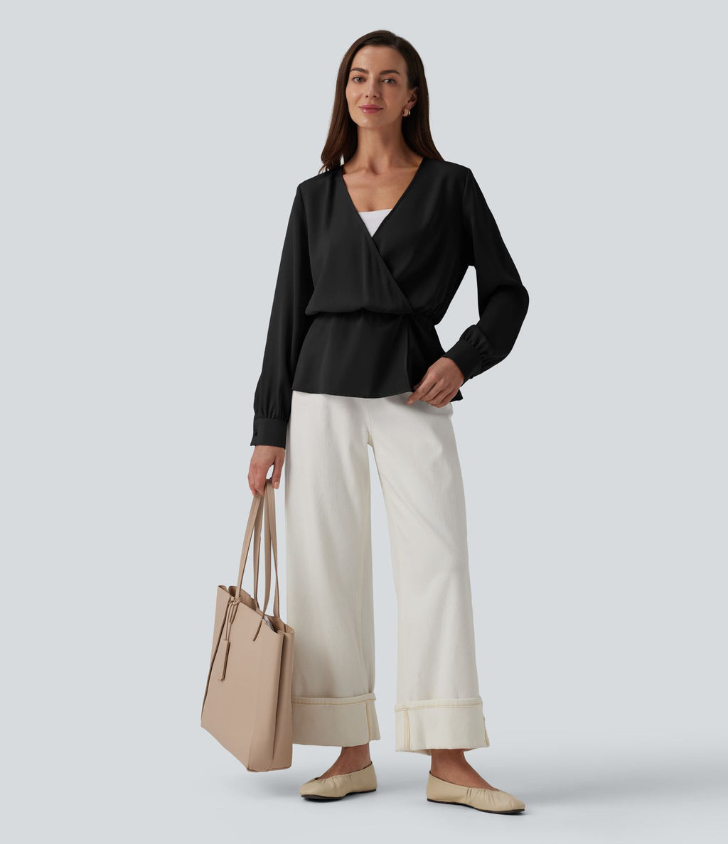 Blouse esprit bureau défroissage facile, col V cache-cœur avec boutons-pression, manches longues et coupe ample