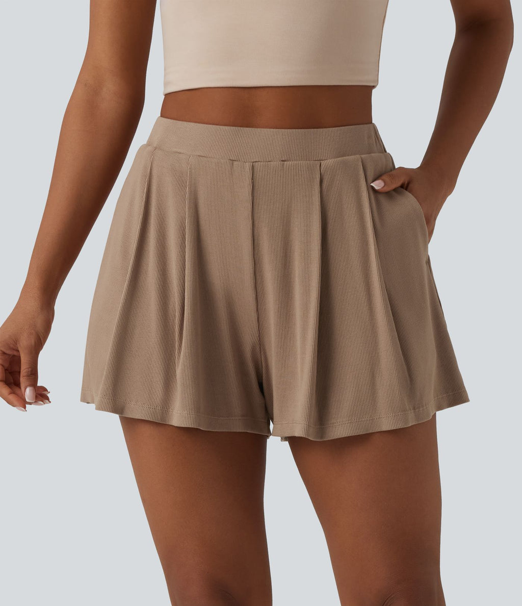 Short tailleur casual 2-en-1 côtelé maille taille haute avec poches