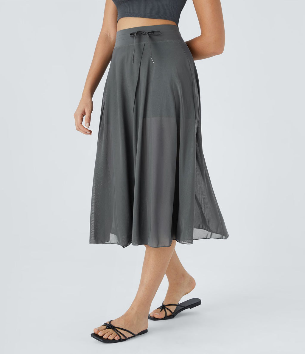 Jupe Casual Évasée Mesh Mi-Longue Fuide 2 en 1 Contrastée Taille Haute Cordon Poche Latérale