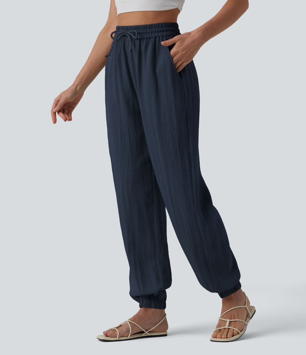 Jogging casual large ample taille haute aspect lin à cordon de serrage avec poches