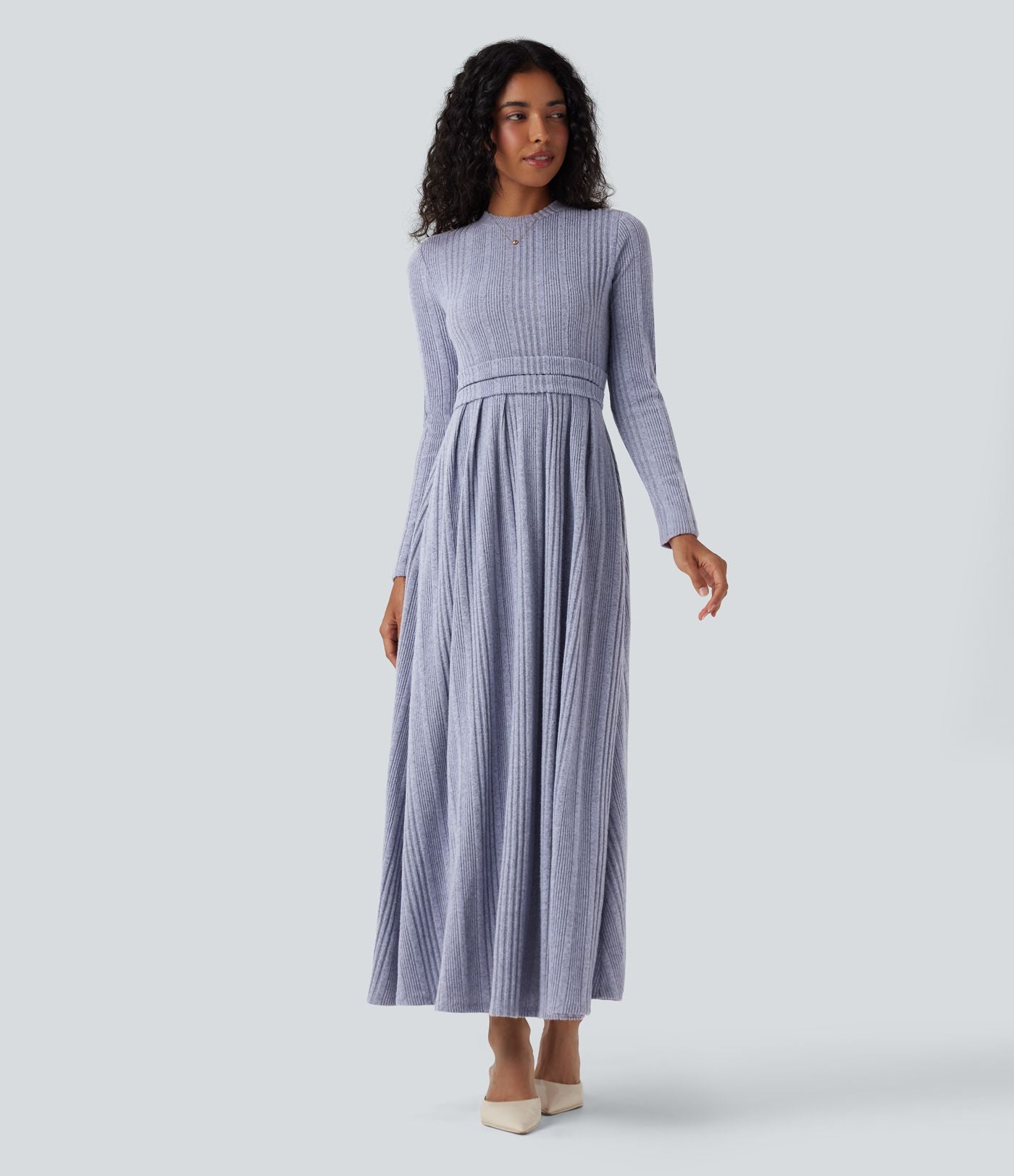 Robe maxi casual évasée col rond manches longues