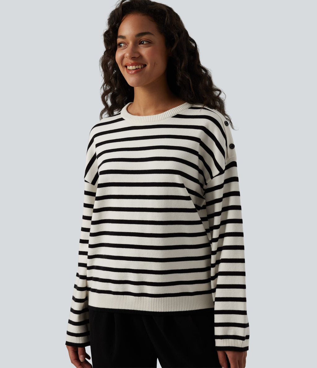 Pull casual à rayures col rond, manches longues et boutons décoratifs