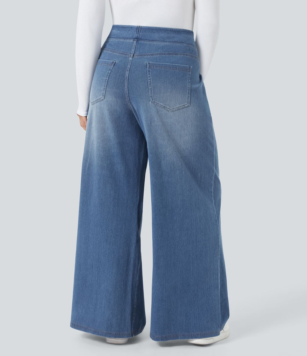 Halara Flex™ Jeans Larges Casual Taille Haute Multiples Poches Lavés Élastiques et Tricotés Grande Taille