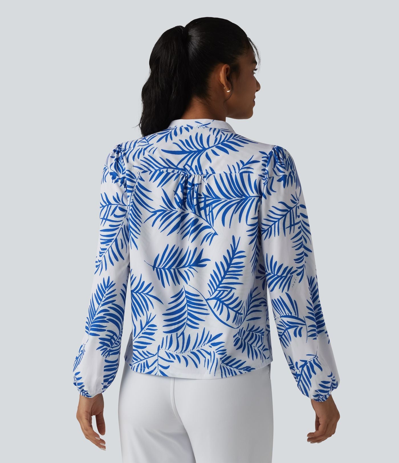Blouse habillée col V manches longues imprimé tropical botanique