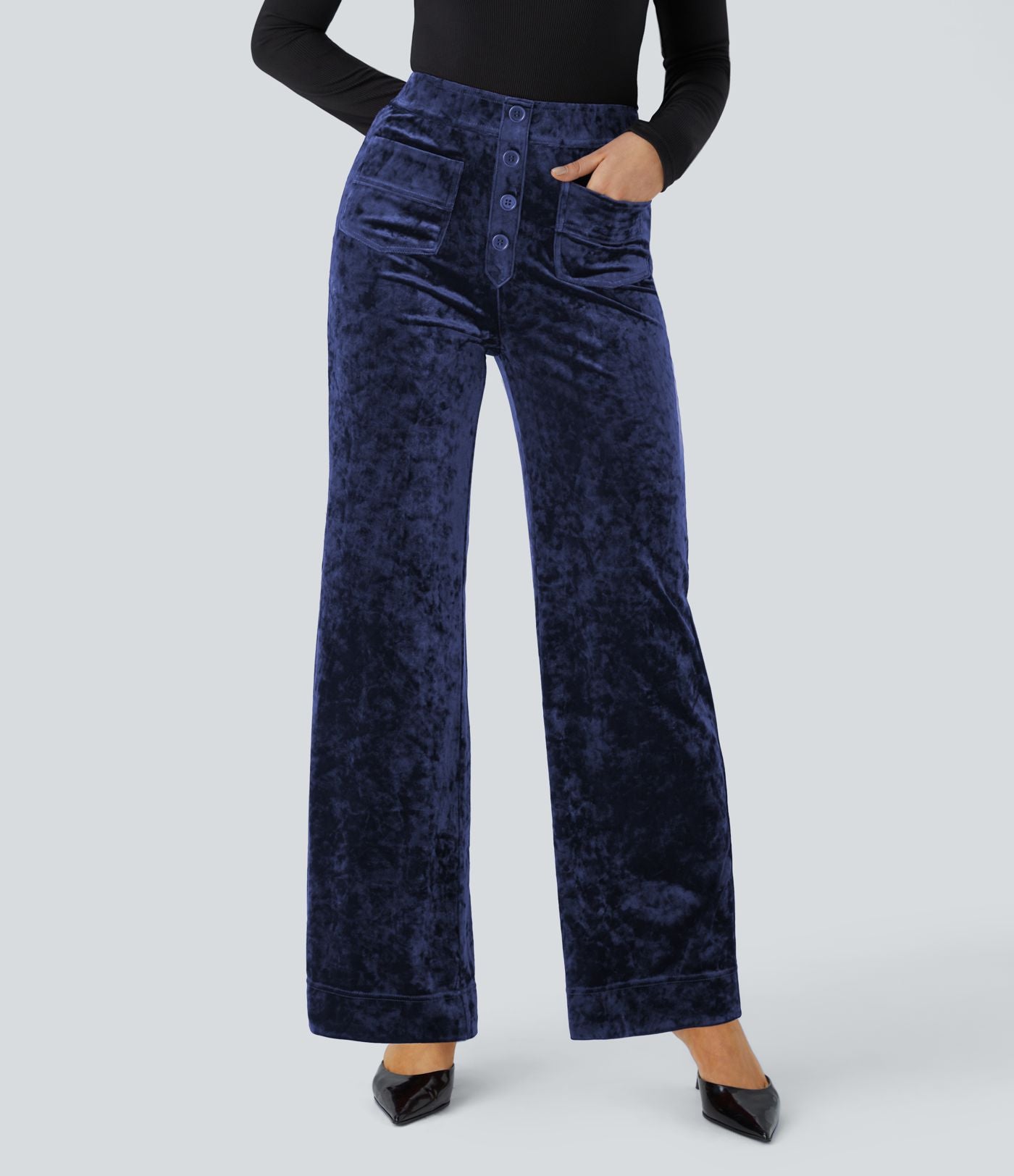 Pantalon Casual en Velours Taille Haute avec Bouton Multipoches Droites