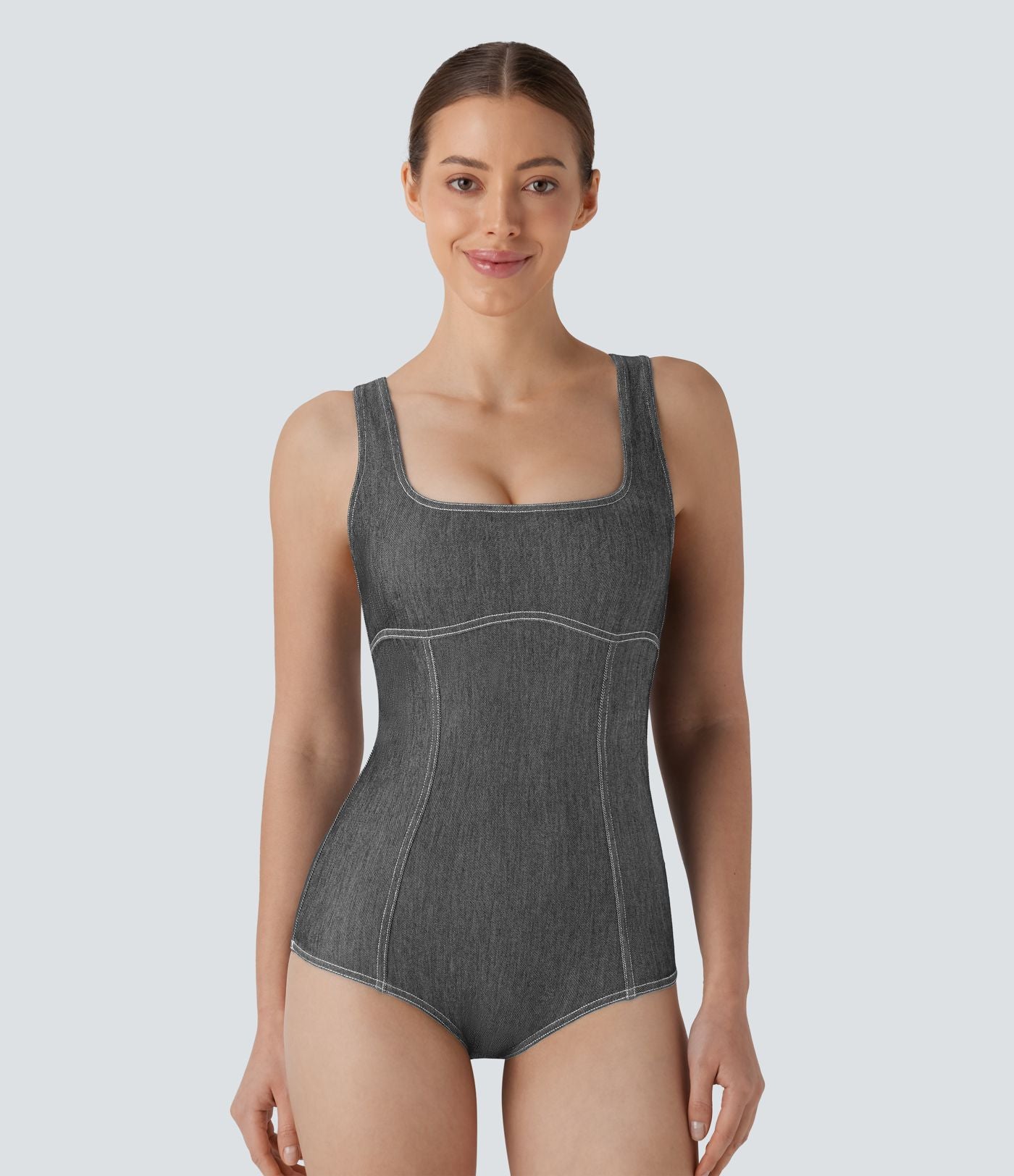 Body de tennis Halara Flex™ en denim stretch délavé à col carré, dos nageur et effet frais InstantCool