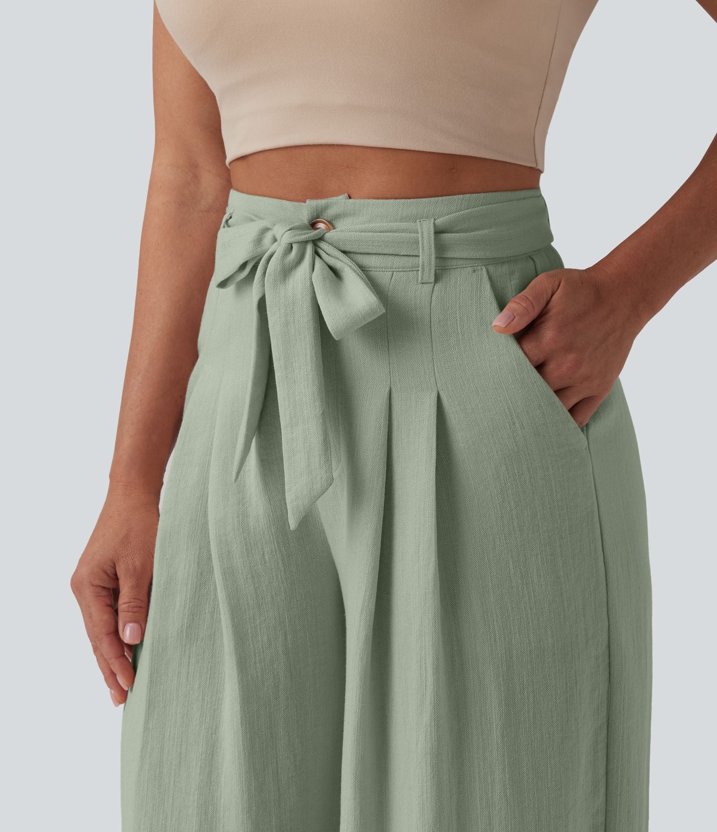 Pantalon casual ample taille haute aspect lin avec ceinture et poches