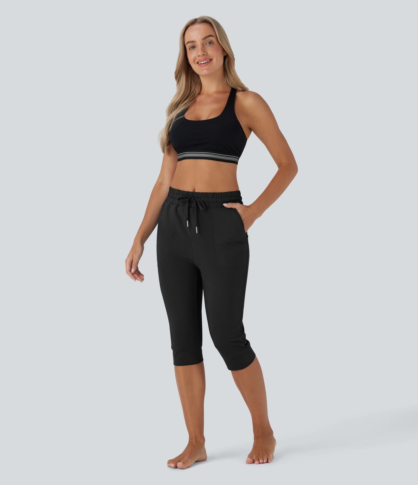 Pantalon corsaire jogging de danse taille haute à cordon avec poches latérales