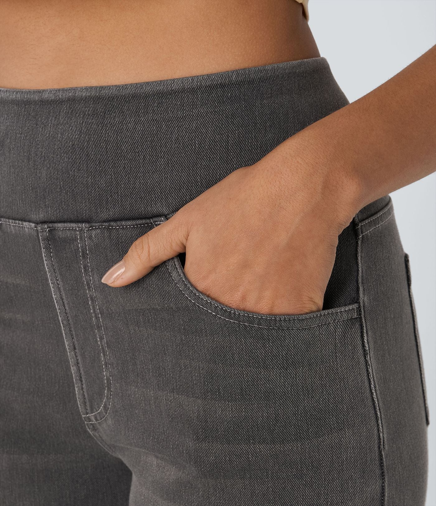 Halara Flex™ Jean Large Casual Taille Haute Poches Multiples Tricot Extensible Délavé